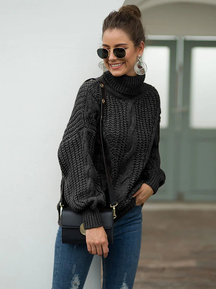 Suéter feminino de tricô com gola alta